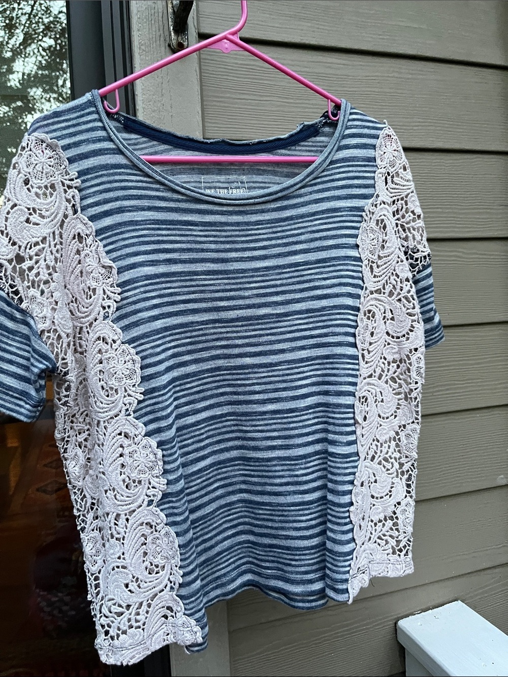 We The Free Navy Striped Tee with Cream Crochet Sides